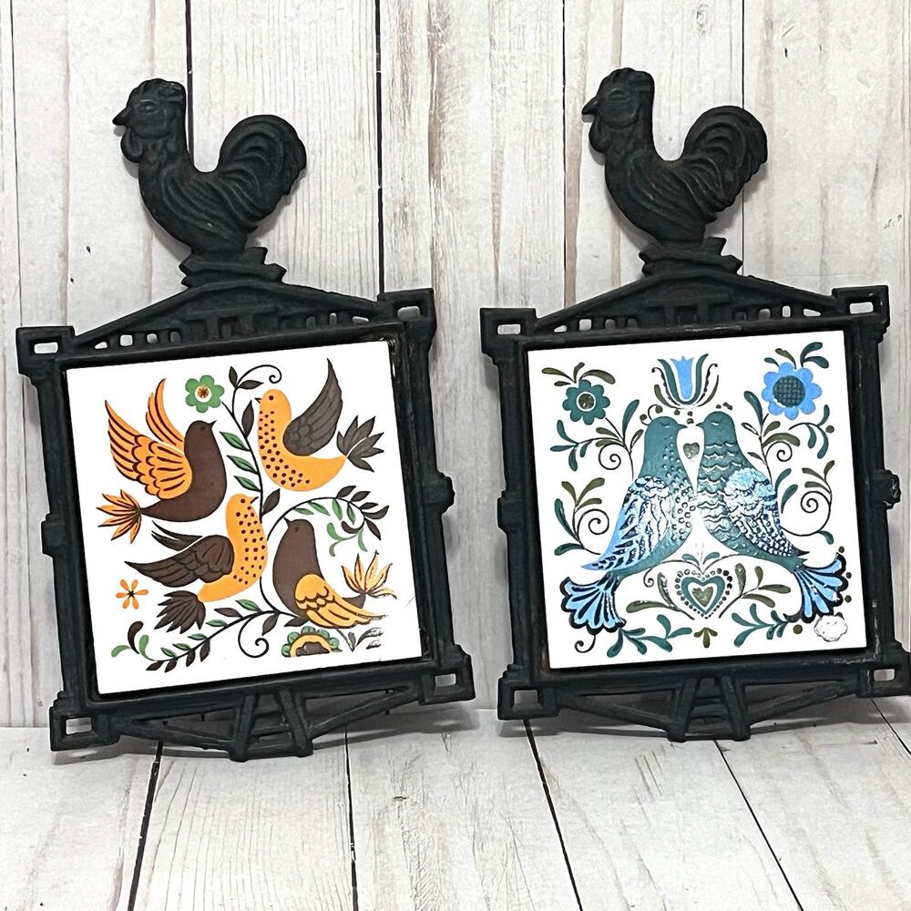 Lot 2 Vintage Farmhouse Rooster Cast Iron & Tile Birds & Floral Design Trivet